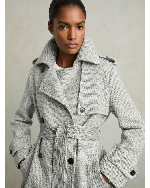 Reiss Gray Wool-Blend Double-Breasted Check Trench Coat