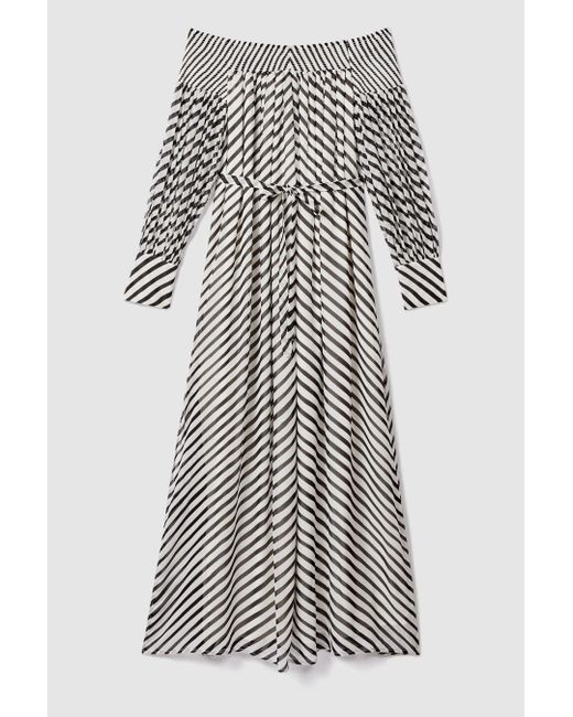 Reiss Gray Fabia - Black/cream Striped Bardot Maxi Dress