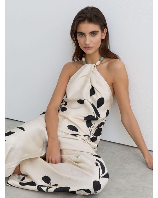 Reiss White Jacquard Printed Beaded-Halterneck Top