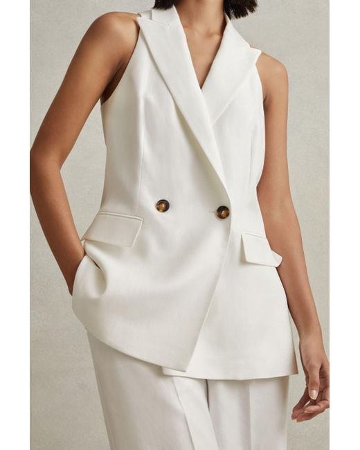 Reiss Natural Halter - White Lori Viscose Linen Double Breasted Suit Waistcoat