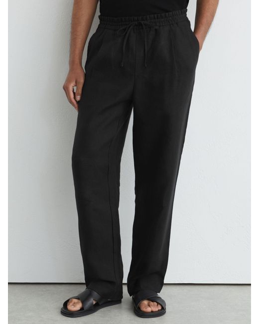 Reiss Black Linen Relaxed-Fit Drawstring Trousers for men