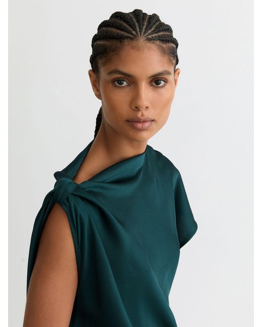 Reiss Green Satin Asymmetric Draped Midi Dress