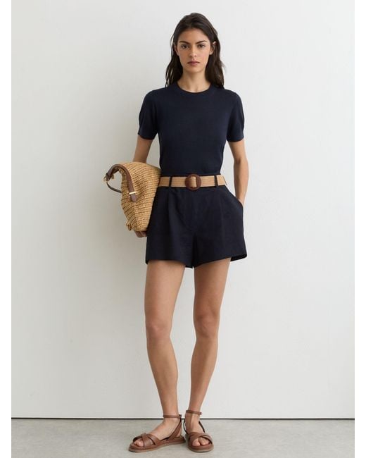 Reiss Blue Livy - Navy Short-sleeve Knitted Top With Linen, M (us 8-10)
