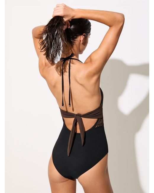 Reiss Black Chocolate & Colour-Block Lattice-Trim Swimsuit