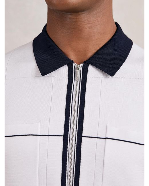 Reiss Blue Compact-Knit Tipped Zip-Through Shirt for men