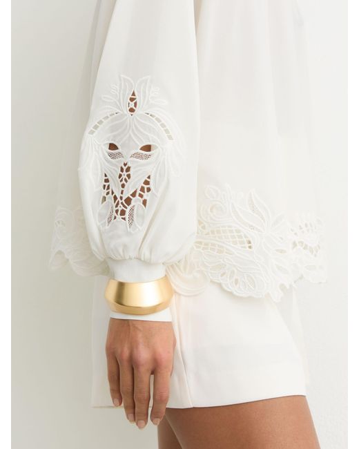 Reiss White Broderie Blouson-Sleeve Blouse