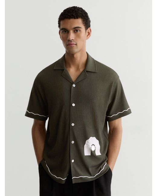Reiss Solano - Dark Green Textured Motif-print Cuban-collar Shirt, Xs for men