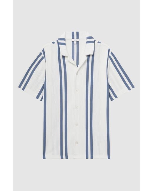 Reiss Castle - White/air Force Blue Ribbed Striped Cuban Collar Shirt for men