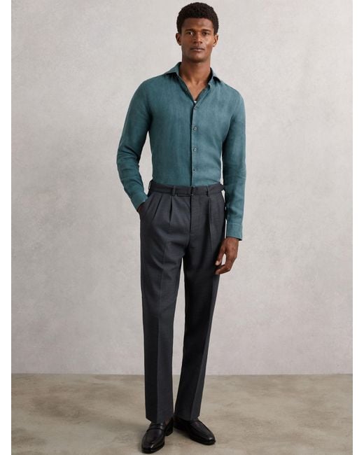 Reiss Blue Linen Regular-Fit Long-Sleeve Shirt for men