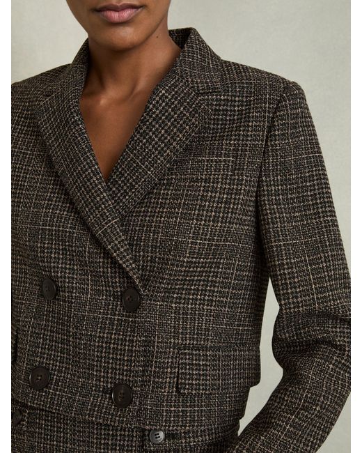 Reiss Brown Double-Breasted Tweed Cropped Blazer