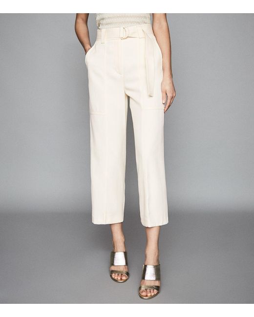 Reiss Silk Cropped Belted Trousers in Ivory (White) - Lyst