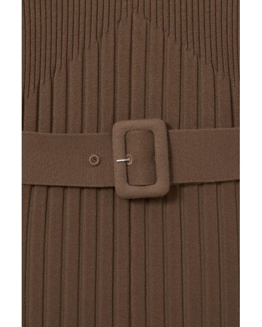 Reiss Natural Ribbed Funnel Neck Belted Midi Dress