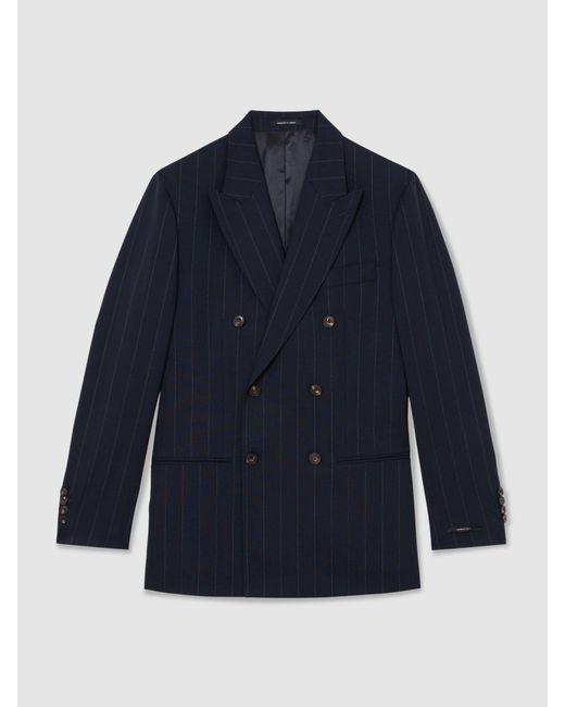 Reiss Blue Virgin Wool Pinstripe Double-Breasted Suit Blazer Tailored-Fit for men