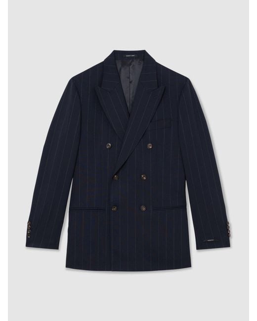 Reiss Blue Virgin Wool Pinstripe Double-Breasted Suit Blazer Tailored-Fit for men