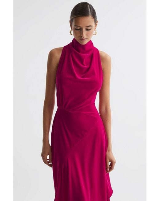 Reiss Red Giannon - Pink Velvet Funnel Neck Asymmetric Midi Dress
