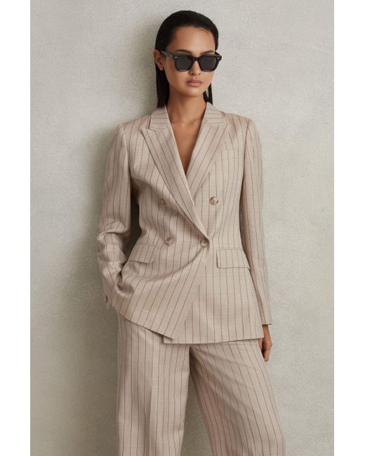 Reiss Natural Odette - Neutral Wool Blend Striped Double Breasted Blazer