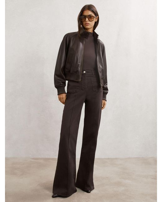 Reiss Brown Eloise Leather Funnel-Neck Bomber Jacket