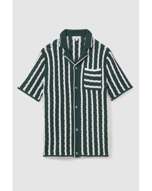 Reiss Gray Spritz - Green/white Oversized Crochet Striped Cuban Collar Shirt for men