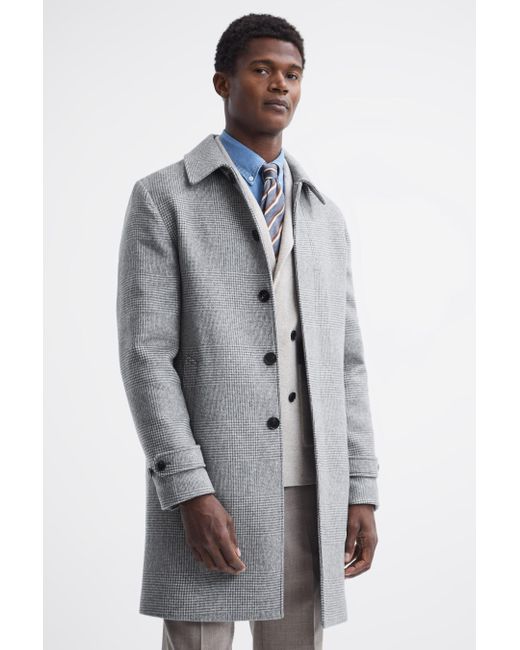 Reiss Gray Bark - Soft Grey Wool Blend Check Epsom Overcoat for men