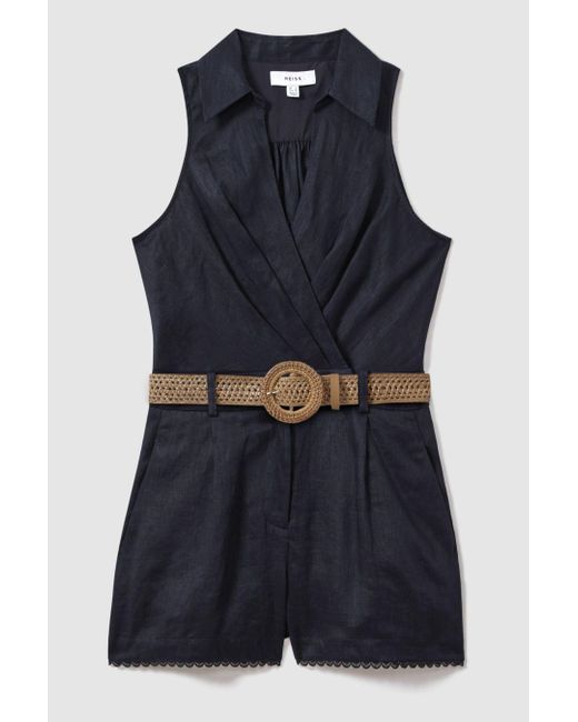 Reiss Blue Mila - Navy Linen Double Breasted Belted Playsuit