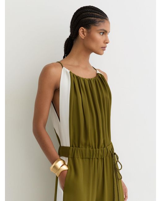 Reiss Green Cream Colourblock Gathered Wide-Leg Jumpsuit