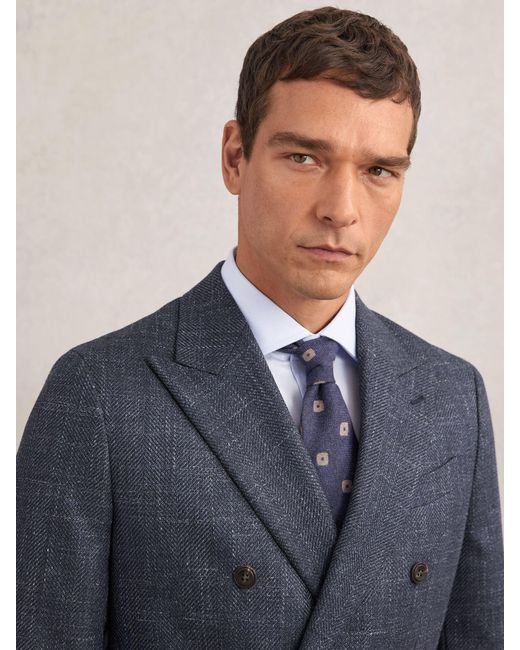 Reiss Blue Double-Breasted Herringbone Blazer Tailored-Fit Wool-Blend for men