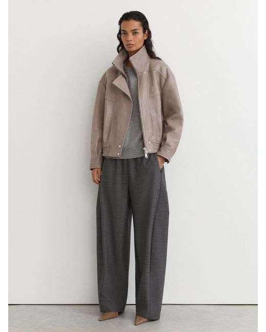 Reiss Natural Petra - Grey Petite Textured Leather Oversized Jacket, Us 8