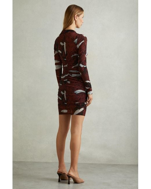 Reiss Brown Kallie - Burgundy Printed Ruched Mini Dress, Us 8