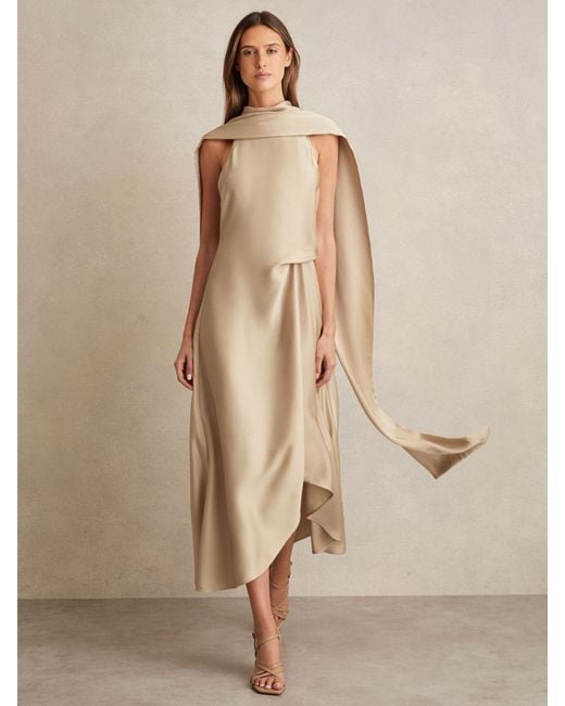 Reiss Natural Michelle - Champagne Neutral Satin Tuck-detail Cape Midi Dress, Us 10
