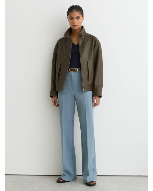 Reiss Brown Kiara - Khaki Green Oversized Grained-leather Bomber Jacket, Us 8