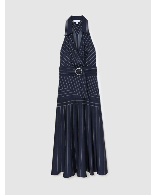 Reiss Blue Striped Sleeveless Collared Midi Dress