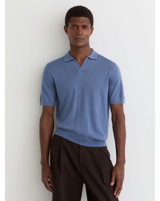 Reiss Blue Merino Wool Open-Collar Polo Shirt for men