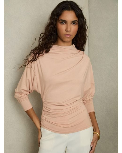 Reiss Natural Draped Jersey Long-Sleeve Top