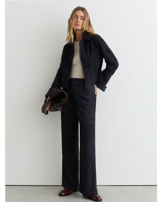 Reiss Blue Priya Petite Suede High-Rise Flared Trousers