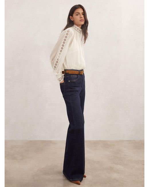 Reiss Natural Ori - Cream Lace-trim Sheer Blouse, Us 12