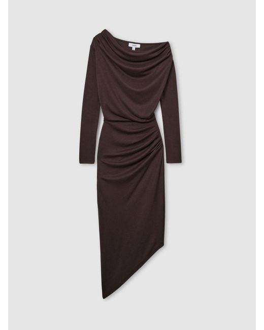Reiss Off-The-Shoulder Ruched Jersey Midi Dress in Brown | Lyst