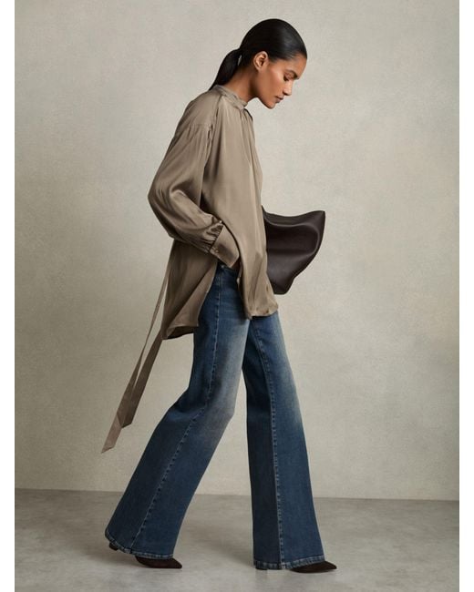 Reiss Blue Woven High-Neck Belted Blouse