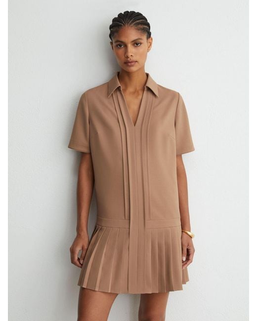 Reiss Natural Pleated-Skirt Collared Mini Dress