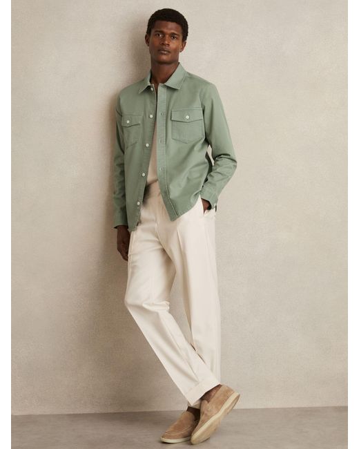 Reiss Green Cotton Twill Twin Pocket Overshirt With Stretch for men