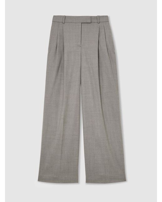 Reiss Gray Wool-Blend Wide-Leg Pleated Trousers