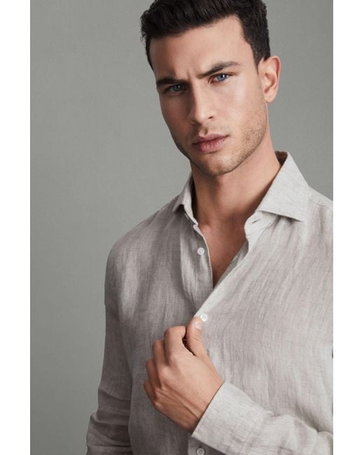 Reiss Gray Ruban - Stone Linen Button-through Shirt, M for men