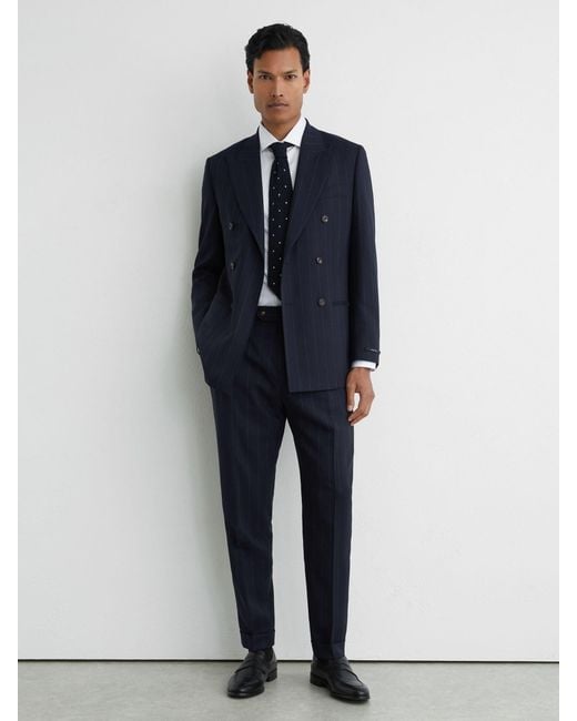 Reiss Blue Virgin Wool Pinstripe Side-Adjuster Suit Trousers Tailored-Fit for men