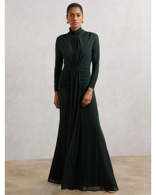 Reiss Black Ruched Long-Sleeve Maxi Dress