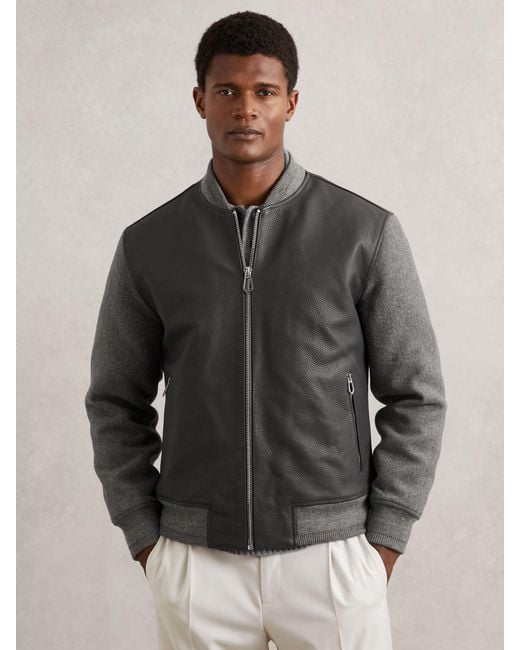 Reiss Gray Leather Contrast-Sleeve Bomber Jacket for men
