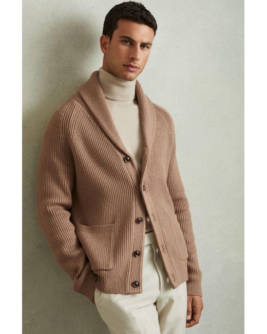 Reiss Brown Ribbed Shawl-Collar Cardigan With Cotton And Wool for men