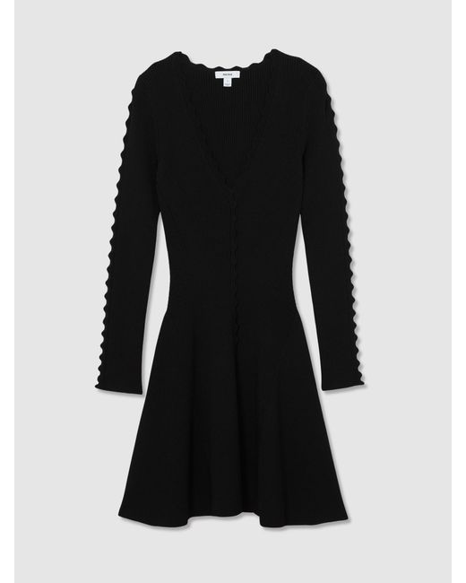 Reiss Black Scallop-Trim Knitted Mini Dress