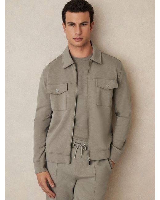 Reiss Brown Medina - Taupe Premium Interlock Zip-through Overshirt, Xs for men