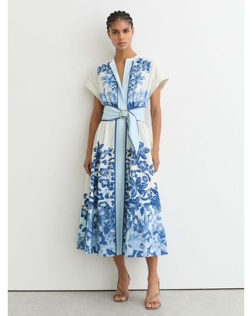 Reiss Sawyer - Blue/ivory Cotton Floral Belted Midi Dress With Stretch, Us 0