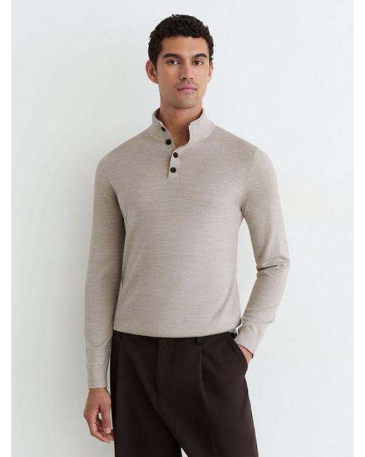 Reiss Gray Merino Wool Funnel-Neck Half-Button Jumper for men
