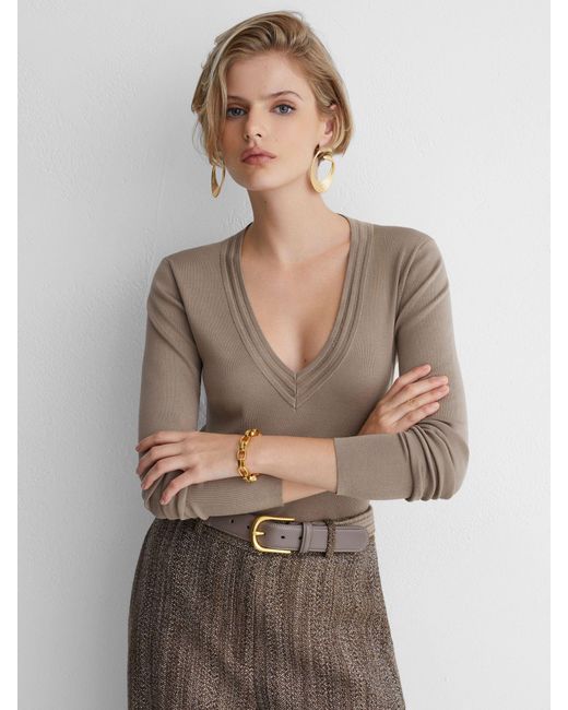 ATELIER Gray Silk-Blend Knit V-Neck Top